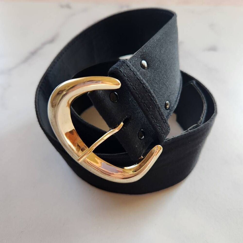 Harry Goldberg black vintage medium women's belt gold fan buckle